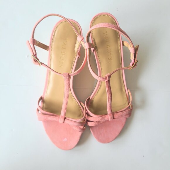 Talbots Shell Coral Pink Genuine Suede Royce T-Strap Kitten Wedge Heel Sandals 7 - Picture 4 of 10